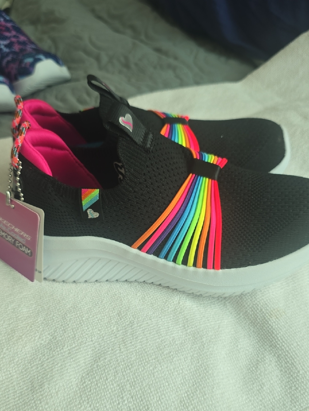 Skechers Black Kids Slip-On Sneakers with Neon Rainbow Straps